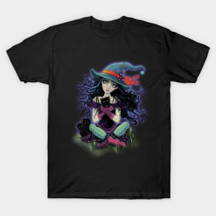 Kitten Witch Halloween Witch with Black Cats T-Shirt